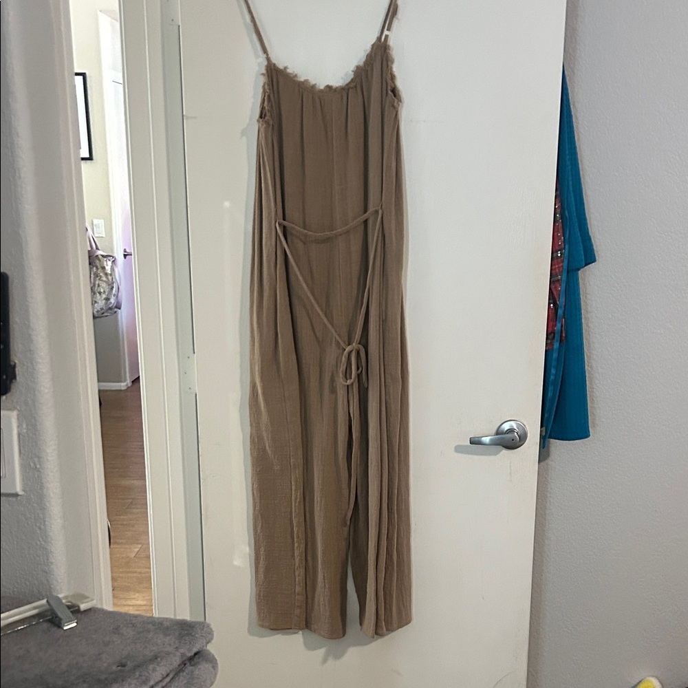Very J Linen Tan Jumpsuit with Tie Waist